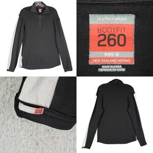 Icebreaker 1/4 Zip Long Sleeve Shirt Mens M Bodyfit 260 Merino Wool Black Flaw